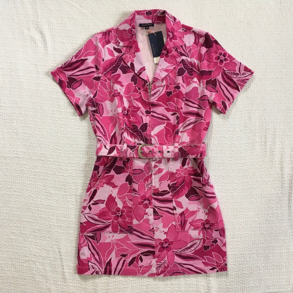 Pink Floral‎ Denim Mini Dress Small Zip Front Belted Skies Are Blue NWT